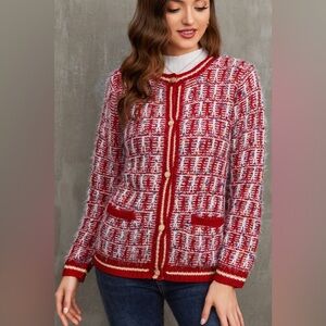 Confetti Round Neck Button-Up Cardigan Red